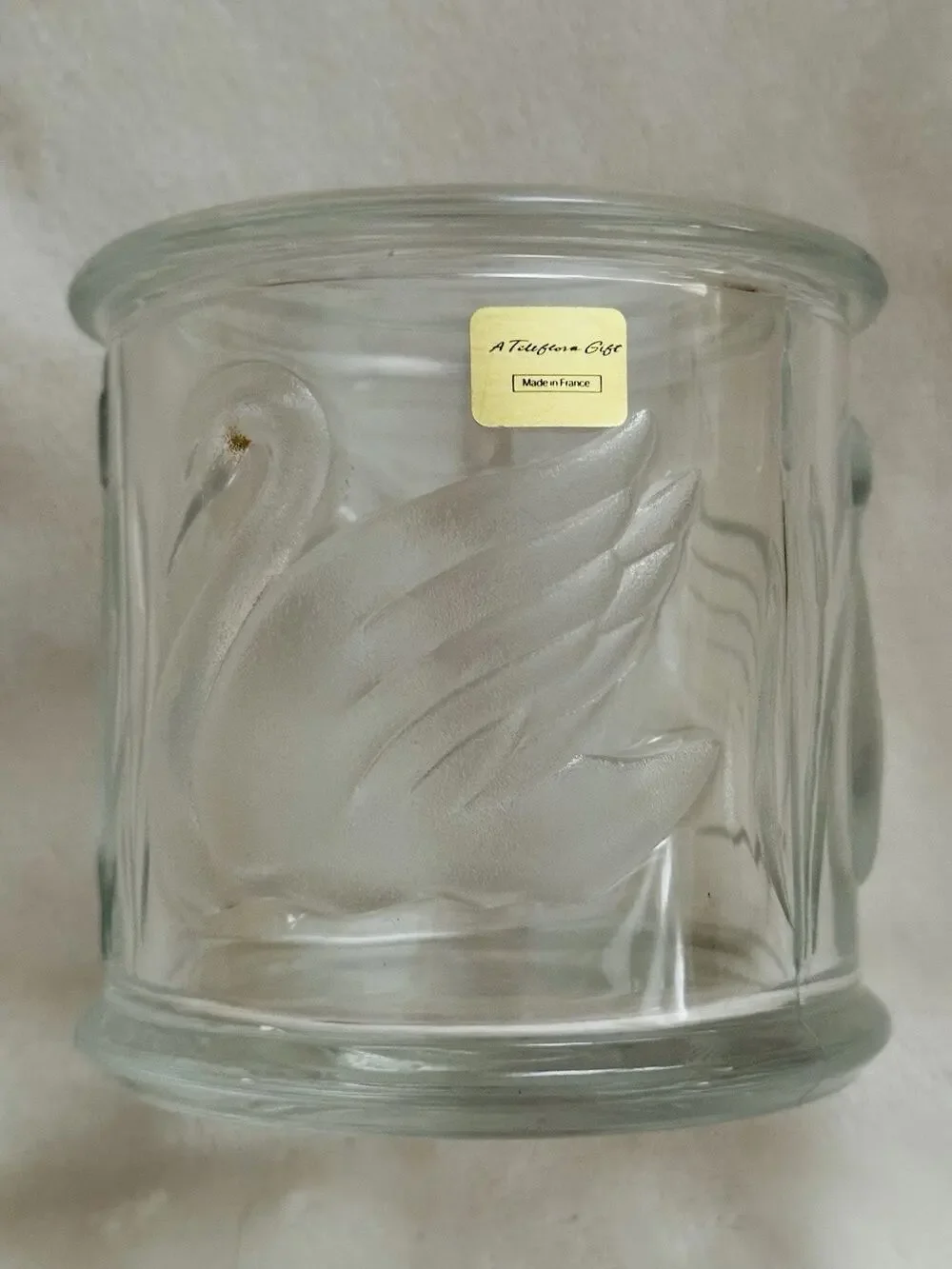 Gloria Vanderbilt Swan Glass Jar with Lid for TELEFLORA Embossed Signed Clear